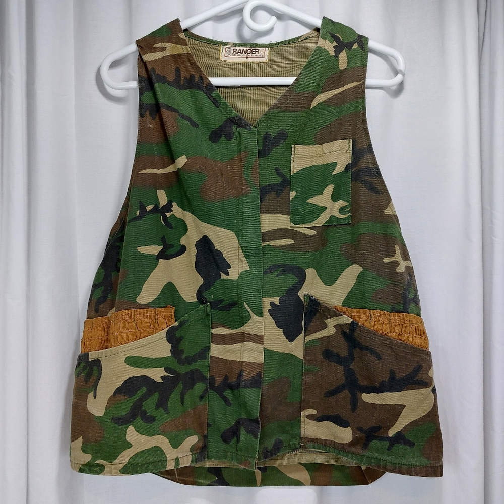 Vintage RANGER Vest Mens L‎ Camo Green Brown Camouflage Hunting Full Zip